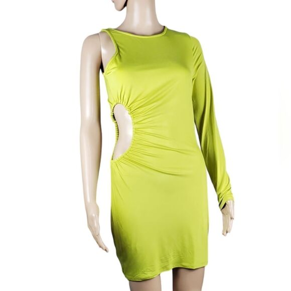 NWT Lovers & Friends Chartreuse Green One Sleeve Bodycon Dress with Cutout - Picture 1 of 7